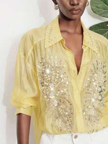 Blusa suelta elegante y retro para mujer, con diseño de tela metálica plateada, bordada con cuentas y lentejuelas, con flores 3D y estilo sexy - Amarillo - Ver 9