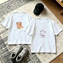 2-piece couple's matching pattern T-shirt, 100% cotton, loose fitting, soft and breathable, casual round neck short sleeved top, cute bear shooting love arrow and heart versatile pattern, no picky combination coordination, dating, leisure travel, simple cartoon printing style, high cost-effectiveness couple - Blanco - Ver 1
