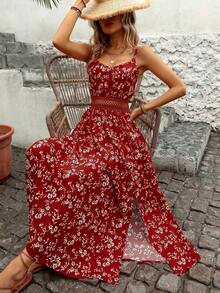 Vestido de verano ligero con estampado, tirantes de espagueti, parche en la cintura, encaje calado y abertura lateral elegante para fiesta y vacaciones - Multicolor - Ver 7