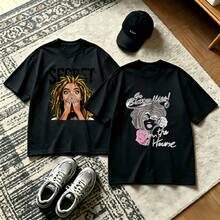 2-Piece Couple Matching Pattern T-Shirt, 100% Cotton, Loose Fit, Soft And Breathable, Casual Round Neck Short Sleeved Top California Boy Motherfx Car Print Versatile Patterns No Picky Combinations Coordinated Dating Casual Travel Simple And Cartoonish Printing Styles High Cost-Effectiveness Couple - 黑色 - 查看 1
