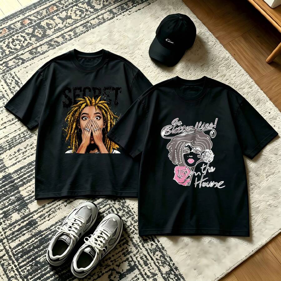 2-Piece Couple Matching Pattern T-Shirt, 100% Cotton, Loose Fit, Soft And Breathable, Casual Round Neck Short Sleeved Top California Boy Motherfx Car Print Versatile Patterns No Picky Combinations Coordinated Dating Casual Travel Simple And Cartoonish Printing Styles High Cost-Effectiveness Couple - 黑色 - 查看 1