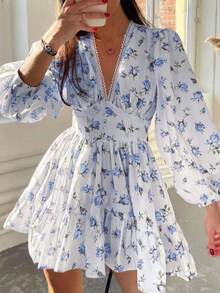 Vestido corto encaje estampado cuello V dulce elegante estilo europea nueva colección primavera para mujer - Azul - Ver 3