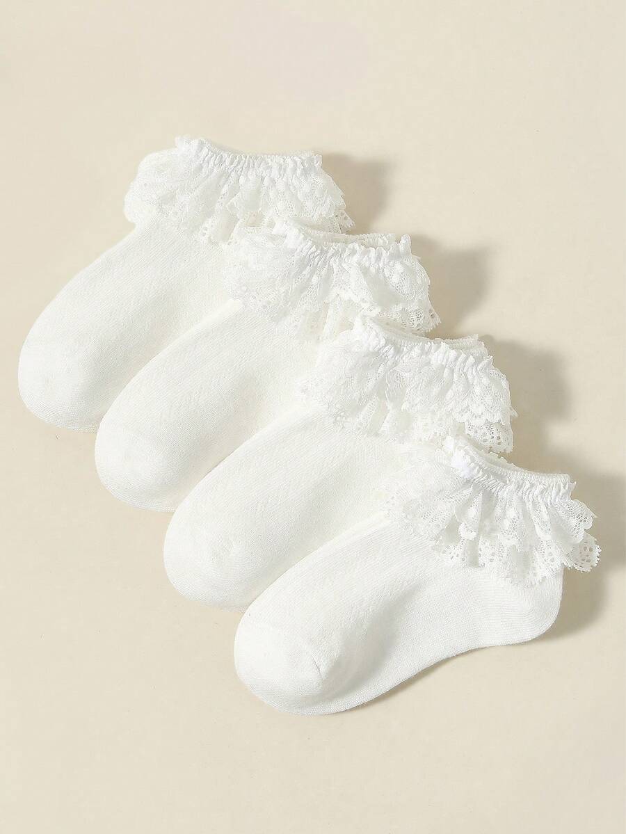 4双春夏女童白色公主风蕾丝花边短袜,网眼镂空蕾丝刺绣透气短袜,时尚柔软舒适,休闲百搭,适合居家、外出、舞蹈表演、度假、返校及日常穿着。 - 白色 - 查看 1