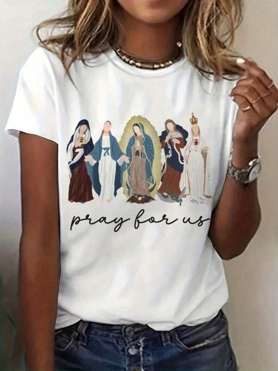 Una camiseta casual de manga corta y cuello redondo de color sólido para damas, estampada con el patrón religioso de la Virgen María en estilo caricaturesco, como regalo para una festividad. - Negro - Ver 1
