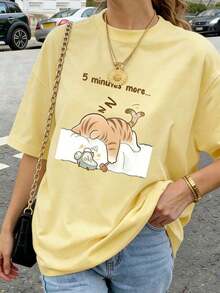 1 pieza Camiseta de mujer de manga corta y cuello redondo para verano, con estampado de letras en inglés Gato durmiendo, adecuada para verano, playa, calle, fiestas diarias.Top elegante de vacaciones Y2K, conjunto casual de verano, ropa de vacaciones para mujer,Soft Fabric, Loose Design, Round Neck, Short Sleeves, Springsummer, Daily Wear - Blanco - Ver 2