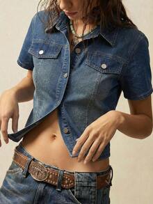New Plus-Size Women's Denim Top, Short-Sleeved, Single-Breasted, Casual Denim Shirt, Dark Blue Denim Top. Summer Top Spring Tops Festival Outfits For Women , Mothers Day Outfit Casual Blouses For Women Holiday Outfits For Women Country Concert Outfit Blue Top Denim Tops For Women Short Sleeve Jeans Jacket Jeans Shirts For Women Denim Outfit Women Fashion Denim Outfits Sets For Women - Giặt vừa - Xem 5