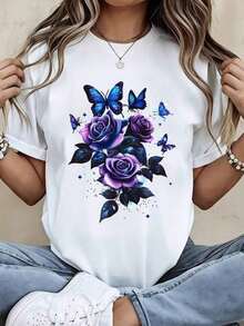 Camiseta Casual de Mujer con Estampado de Rosas Moradas y Mariposas, Top de Moda para el Verano - Blanco - Ver 1