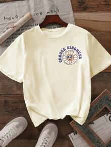 Camiseta con estampado de letras, manga corta, cuello redondo, estilo casual, adecuada para verano y primavera, ropa de mujer, con diseño de flores delicadas y cara sonriente en tono morado retro. - Albaricoque - Ver 2