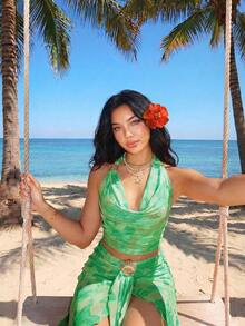 Top de tirantes asimétrico con decoración metálica y estampado floral sexy para vacaciones - Verde - Ver 4