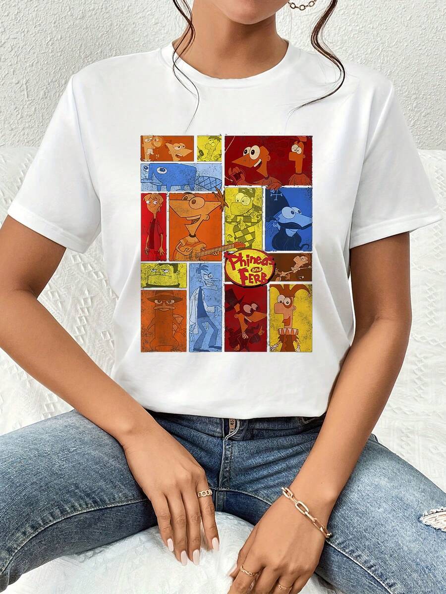 Ilustración colorida que celebra la creatividad y la amistad con personajes animados que inspiran la imaginación y la alegría diaria camiseta de mujer cómoda adecuada para uso casual y juvenil - Blanco - Ver 1