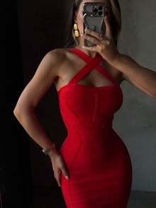 Vestido ajustado sin tirantes de media longitud con costillas en color rojo, elegante para discoteca, banquete, fiesta de cóctel, boda de verano y primavera - Rojo - Ver 3