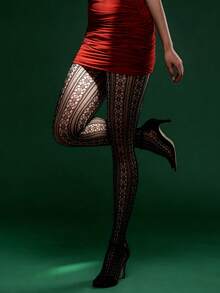 1 chiếc quần legging lưới cá sọc dọc co giãn ôm sát, tất đùi lưới cá sọc dưa hấu sexy, phong cách Gothic thời trang đa năng - màu đen - Xem 2