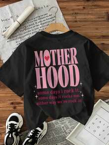 [Impresión a doble cara]Estilo sencillo, texto, temática parental, MOTHER HOOD Some Days I Rock It, camiseta de manga corta con cuello redondo de algodón puro - Estilo vintage urbano, unisex, holgada, de algodón, con cuello redondo y manga corta, blusas para mujer. blusas.blusas casuales para dama. - Negro - Ver 2