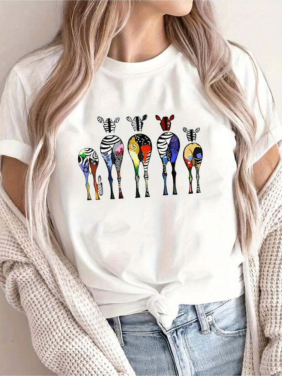 Camiseta de Verano Cómoda para Mujer con Estampado Abstracto de Cebra - Top Casual de Cuello Redondo con Patrón Animal Colorido, Tejido Elástico Cómodo para Todas las Temporadas, Lavable a Máquina, Camiseta Decorada con Patrón de Cebra, Textura Suave - Camiseta Vintage de Estilo Urbano Unisex de Algodón, Manga Corta, Cuello Redondo, blusas para mujer. blusas.blusas casuales para dama. - Blanco - Ver 1