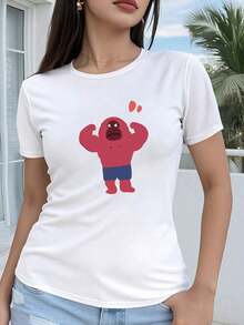 Camiseta de diseño estampado casual 100% algodón para mujer, camiseta lavada 100% algodón, estilo regular de manga corta para mujer - Estampado divertido con diseño geométrico 2D de gorila levantando pesas, top casual de manga corta con cuello redondo, adecuado para todas las estaciones, disponible en varios colores y tallas, moda festiva, estética vintage, material transpirable, estampado interesante, conjuntos de verano 2026 para mujer, ropa urbana para mujer, tops de verano de estilo caprichoso, conjuntos diarios para mujer, adecuado para primavera, verano y otoño. - Blanco - Ver 1