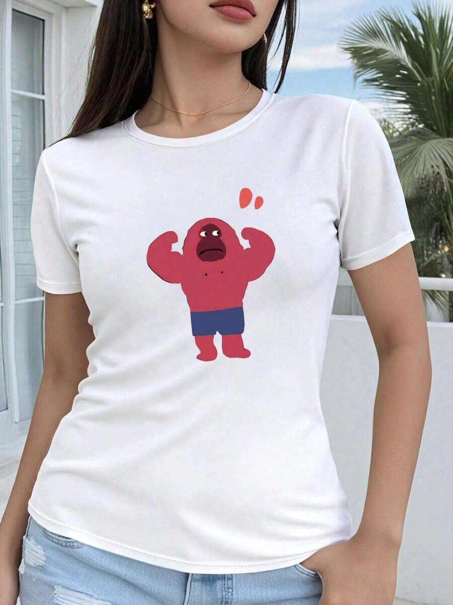 Camiseta de diseño estampado casual 100% algodón para mujer, camiseta lavada 100% algodón, estilo regular de manga corta para mujer - Estampado divertido con diseño geométrico 2D de gorila levantando pesas, top casual de manga corta con cuello redondo, adecuado para todas las estaciones, disponible en varios colores y tallas, moda festiva, estética vintage, material transpirable, estampado interesante, conjuntos de verano 2026 para mujer, ropa urbana para mujer, tops de verano de estilo caprichoso, conjuntos diarios para mujer, adecuado para primavera, verano y otoño. - Blanco - Ver 1