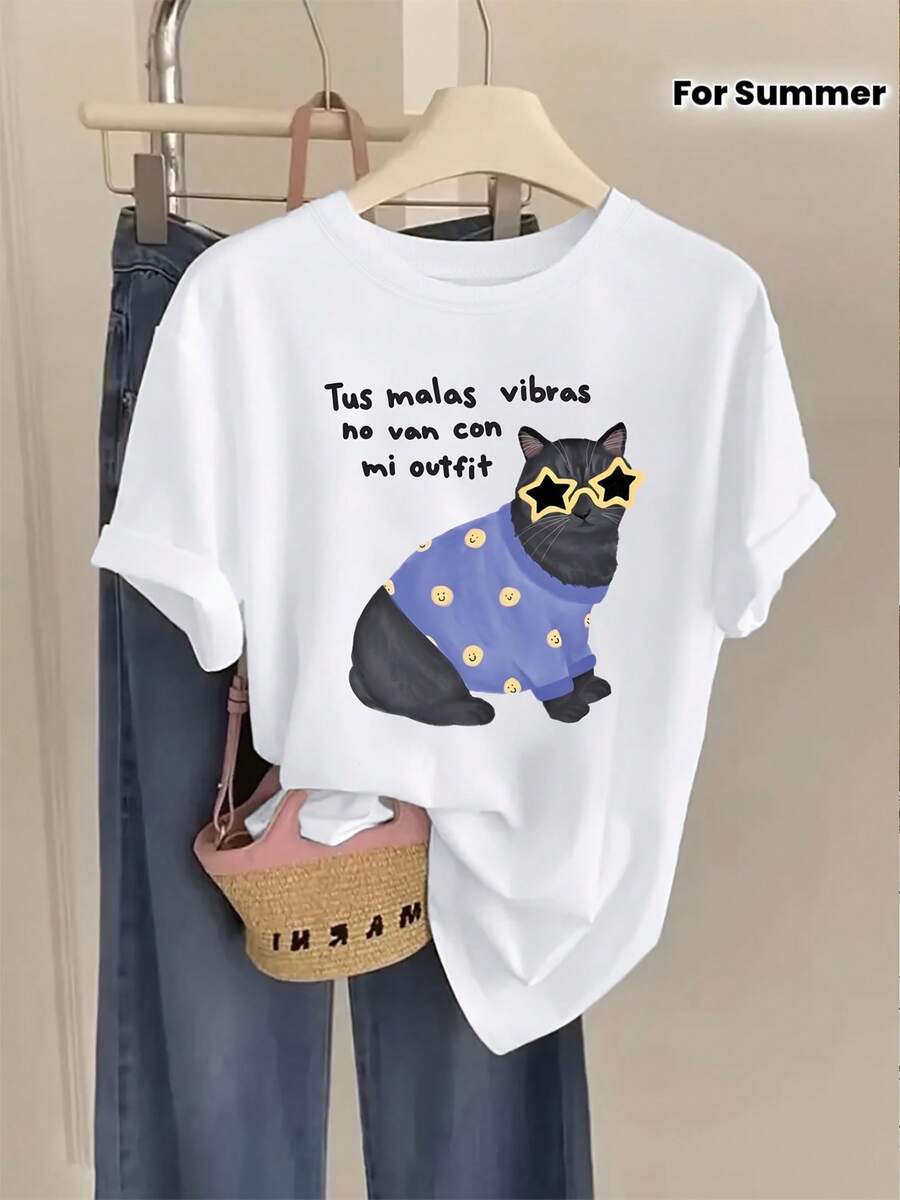 Camiseta de verano para mujer con estampado de gato, moderna y divertida, de cuello redondo y estilo casual, es la elección diaria cuando no sabes qué ponerte. - Blanco - Ver 1