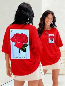 Rosa vibrante con pétalos que irradian pasión y amor eterno; detalle de lotería mexicana, camiseta para mujer algodón suave y transpirable que evoca tradición y alegría.Suitable for spring, summer and autumn - Rojo - Ver 7