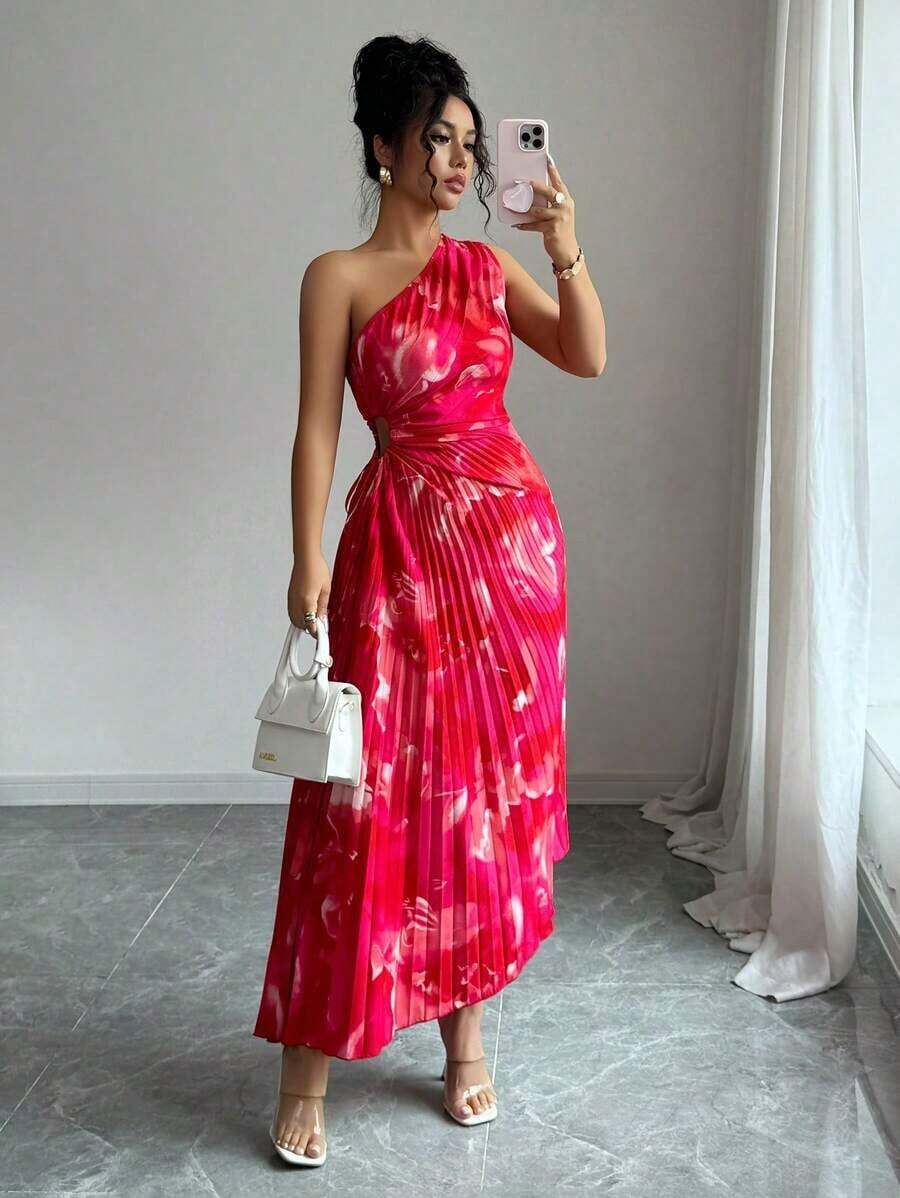 Vestido con estampado floral, cintura plisada, hombro asimétrico y recorte, elegante para mujer, Verano 2025 - Rojo - Ver 1