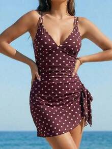 Swim Mod Vestido de baño con tirantes de mujer con pliegues y lunares para playa y vacaciones - Blanco - Ver 3