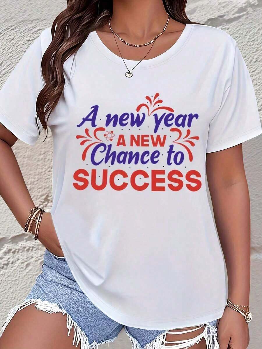 Camiseta de manga corta para mujer, estilo minimalista moderno, con estampado gráfico de "Oportunidad de éxito en el Año Nuevo" y cita motivadora, ropa casual para salidas diarias y celebraciones festivas. - Blanco - Ver 1