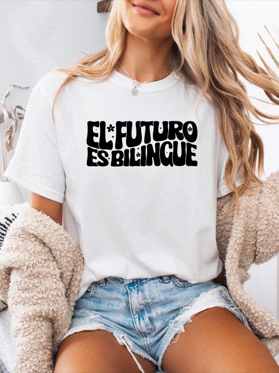 Camiseta Casual de Primavera/Verano con Estampado de Letras Españolas, Estilo Minimalista Moderno, Manga Corta, Deportiva, para Mujer, Uso Diario - Blanco - Ver 1