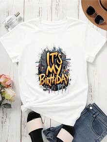 Camiseta de manga corta para mujer con cuello redondo, estampado de grafiti "Es mi cumpleaños", ropa casual para fiesta de cumpleaños, ocio. - Blanco - Ver 2