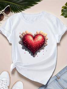 Camiseta Deportiva de Manga Corta con Diseño de Corazón para Mujeres de Talla - Blanco - Ver 6