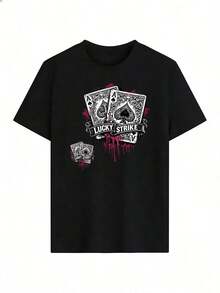 T-Shirt With Ace Of Spades And "LUCKY STRIKE" Text,  Short-Sleeved T-Shirt For Spring And Summer 2026, Made In Mexico, 180 Grams. Cartoon Print, Couple Design, Suitable For Indoor Or Outdoor Wear. Crew Neck, Unisex, Ideal For The Office And Leisure. One-Pack. - BK-P631577SLNDXZGY525 - 查看 2