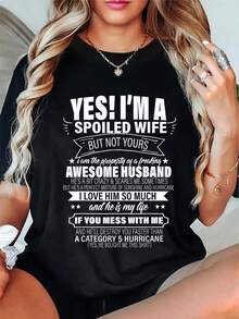 1pc Spoiled Wife Graphic T-Shirt, 100% Casual Short Sleeve Crew Neck T-Shirt With Lettering And Heat Transfer Details, Comfortable And Breathable Summer Top For Women - 黑色 - 查看 1