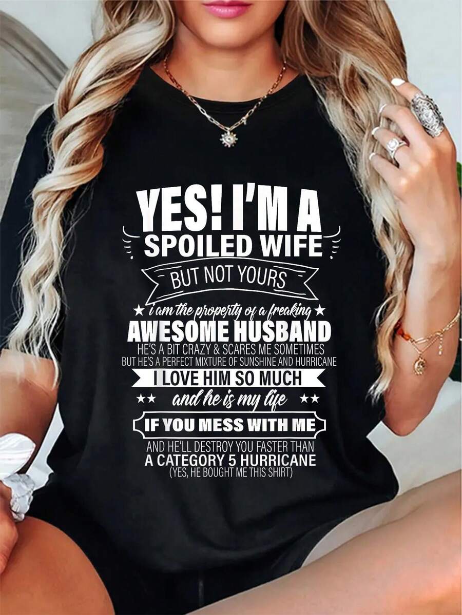 1pc Spoiled Wife Graphic T-Shirt, 100% Casual Short Sleeve Crew Neck T-Shirt With Lettering And Heat Transfer Details, Comfortable And Breathable Summer Top For Women - 黑色 - 查看 1