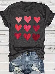 Mother's Day Gift: Crew Neck T-Shirt With Vibrant Heart Print - Soft Polyester, Medium Elasticity, Regular Length, Casual Short Sleeve Top For Spring And Summer, Women's Clothing With Random Print - màu đen - Xem 1