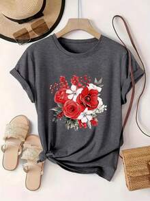 Round Neck T-Shirt With Floral Print, Casual Short Sleeve Top. A Very Distinctive Printed T-Shirt / Unisex Style / Suitable For Both Men And Women / Wrinkle Resistant / Breathable - 黑色 - 查看 7