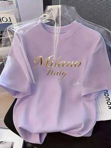 Limited Time Offer, Limited Quantity Available, Lightning, Women's Shirts, Women's T-Shirts. Pink Short-Sleeved T-Shirt With A Casual Summer Letter Print. - 淡紫色 - 查看 6