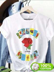 Plus Size Women's Clothing, Fashionable Casual Cotton T-Shirt With Mexican Lottery Print For Women - 白色的 - 查看 5