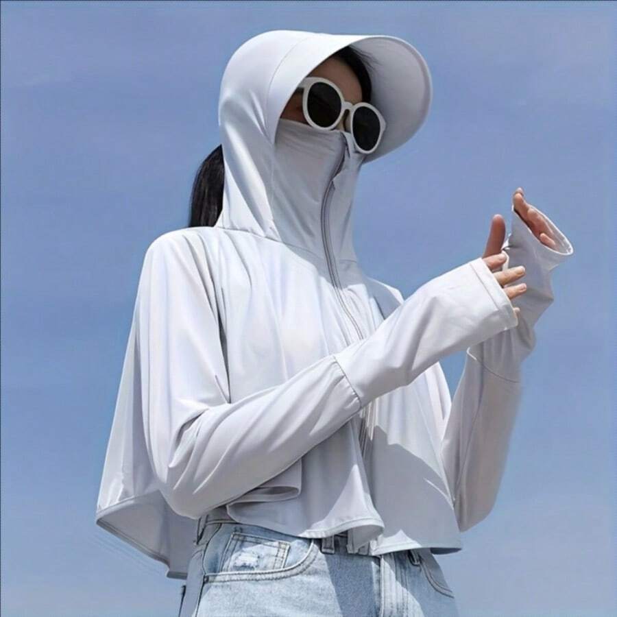 Womens UPF 50+ Long Sleeve Sun Protection Crop Top Lightweight Quick Dry Hoodie Shirts Workout Jacket Outdoor - Light Grey - View 1