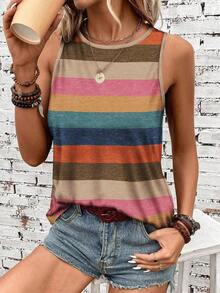 Camiseta de tirantes holgada de verano para mujer, estampado de patrón de correa de mezclilla, elegante y versátil, apta para uso casual, vacaciones y paseos, con un estilo minimalista y retro - Multicolor 3 - Ver 8