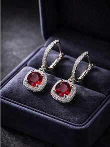1 Pair 925 Sterling Silver Princess Cut Cubic Zirconia Hoop Earrings For Women, Luxury Elegant Wedding & Engagement Jewelry, Anniversary Gift For Her - 紅色 - 查看 6