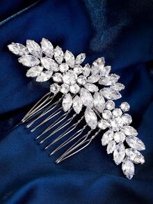 1pc Rhinestone Leaf Hair Comb, Crystal Embellished Bridal Hairpiece, Silver Tone Wedding Hair Accessory For Women - Silver - View 10
