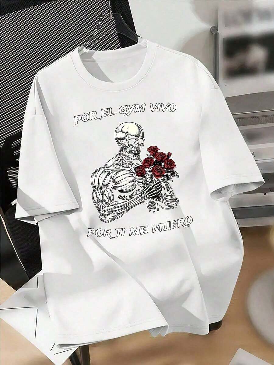 Short-Sleeved T-Shirt With A Skull, Rose, And Graffiti Print, American Urban Design, Unisex, High Street Style, For Couples. Loose-Fitting, Casual, And Versatile T-Shirt. - 白色的 - 查看 1