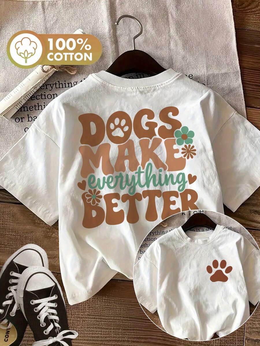 Limited Edition [Double-Sided Print] Women's T-Shirt - Retro Style With Dog Paw Print And Flowers, Loose Fit, Casual For Everyday Wear, Crew Neck, Short Sleeve, Lightweight Cotton - 白色 - 查看 1