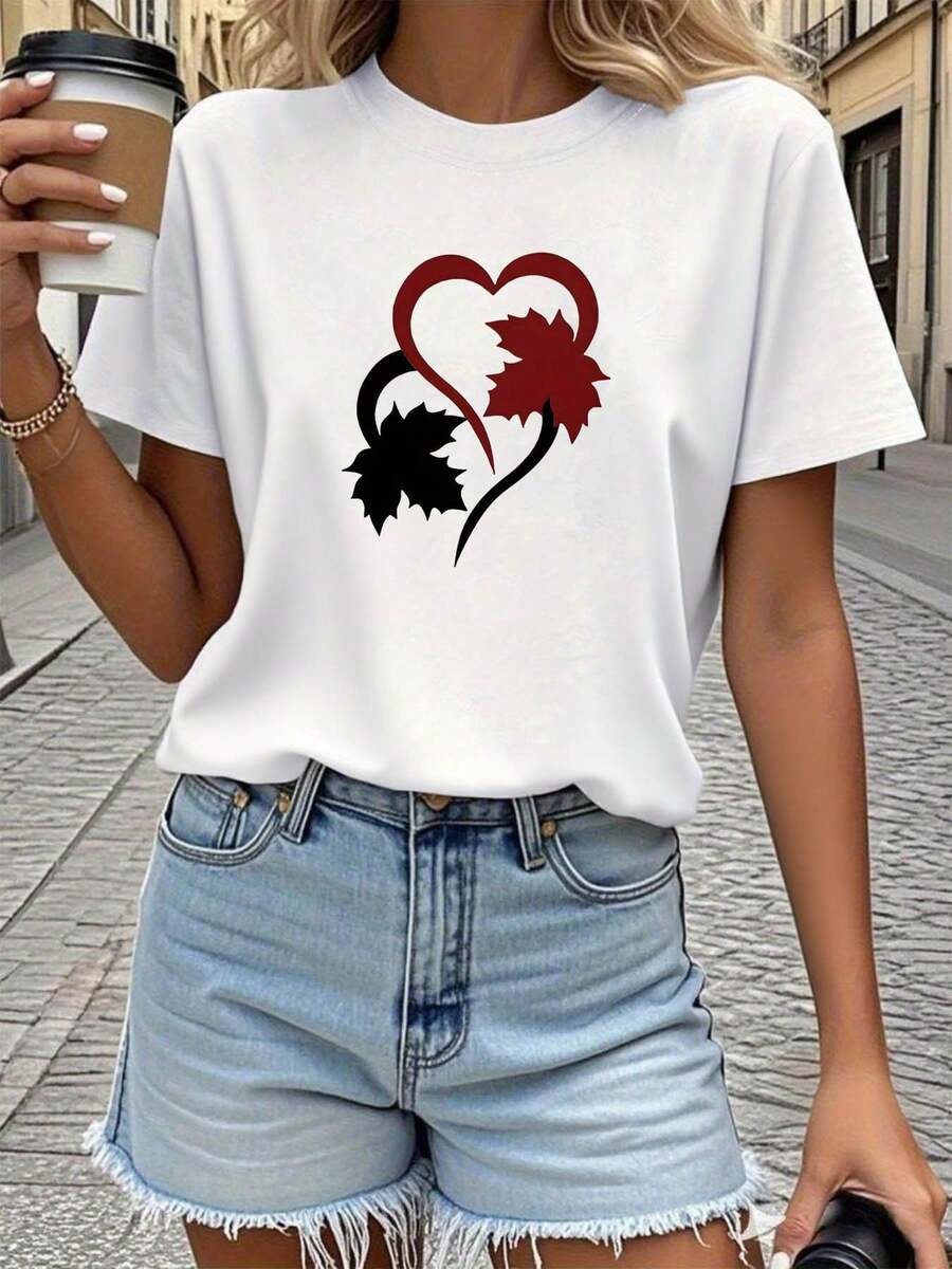 Camiseta de mujer con estampado de hoja de arce y corazón - Camiseta casual de manga corta y cuello redondo con diseño de hoja de arce canadiense, lavable a máquina, adecuada para usar en primavera y verano, un artículo imprescindible para tu guardarropa en todas las estaciones. BHUY - Blanco - Ver 1