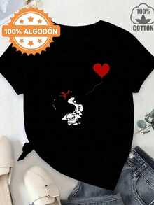 Women's Plus Size Casual Short Sleeve T-Shirt Loop Mafalda - 100% Cotton, Sizes S-XXL, Crew Neck With Cartoon Graphic Print, Breathable And Machine Washable, Fashionable White T-Shirt For Everyday Comfort, Ladies' T-Shirts, Relaxed Outfit, Whimsical Design, Comfortable Fit, Elegant Blouse, Fashion Lovers - 黑色 - 查看 1