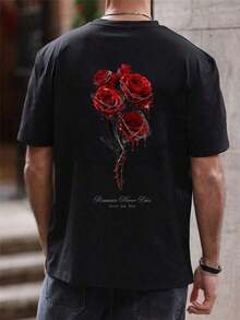 Camiseta de hombre de cuello redondo y manga corta con estampado de rosa espinosa, estilo minimalista de ropa de calle Y2K de unicolor, lavable a máquina para uso casual al aire libre - Negro - Ver 3