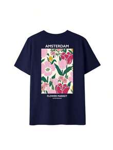 Camiseta de manga corta beige con cuello redondo, estampado floral y de letras, estilo casual, holgada y versátil para mujer, ideal para el verano y el uso diario, color blanco. - Marina de - Ver 2