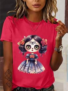 Women's T-Shirt, Mexican Day Of The Dead Design, Watercolor Makeup Skull Illustration, Custom Printed Sweatshirt, Casual Crew Neck Sweatshirt For Spring Summer, Short Sleeve T-Shirt, Women's Standard Size, Comfortable Top 40990, Women's Going Out Clothes - 白色 - 查看 11