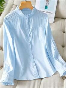 Camisa de manga larga con botones delanteros de poliéster de unicolor (poliéster) adecuada para vacaciones, uso diario, noche, citas, primavera y otoño - Celeste - Ver 7