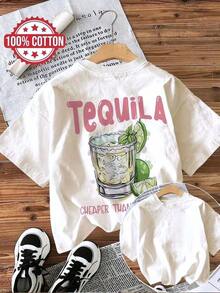 Women's Plus Size Clothing, Fashionable Casual Cotton T-Shirt With "Tequila Cheaper Than Therapy" Print For Women, Pure-Cotton - 白色 - 查看 6
