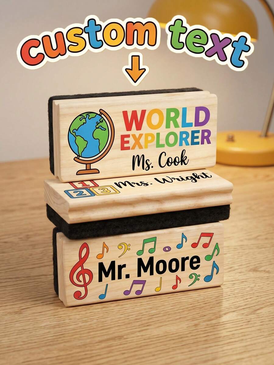 1pc Custom Engraved Wooden Blackboard Eraser, Personalized Whiteboard Eraser For Teachers, Made Of Natural Wood Material With Soft Felt Bottom Surface, Customizable Text And Printing, Durable And Reusable, Lightweight And Portable. - Model 2 - View 1