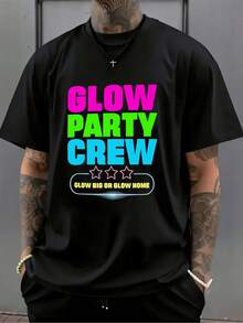 T-Shirt With Party Crew Graphic That Shines In The Dark - Neon Green And Pink Glow-In-The-Dark Print, Breathable Summer Casual Short-Sleeved T-Shirt With Round Neck For Parties, Comfortable Fit, Vibrant Design. - 黑色 - 查看 8